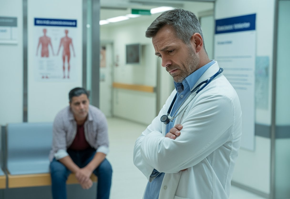 Warum deutsche Ärzte ihre Patienten im Stich lassen – Ursachen, Folgen und Hintergründe 1 Ein besorgter Arzt steht mit verschränkten Armen in einem Krankenhausflur, während ein ängstlicher Patient auf einer Bank sitzt.
