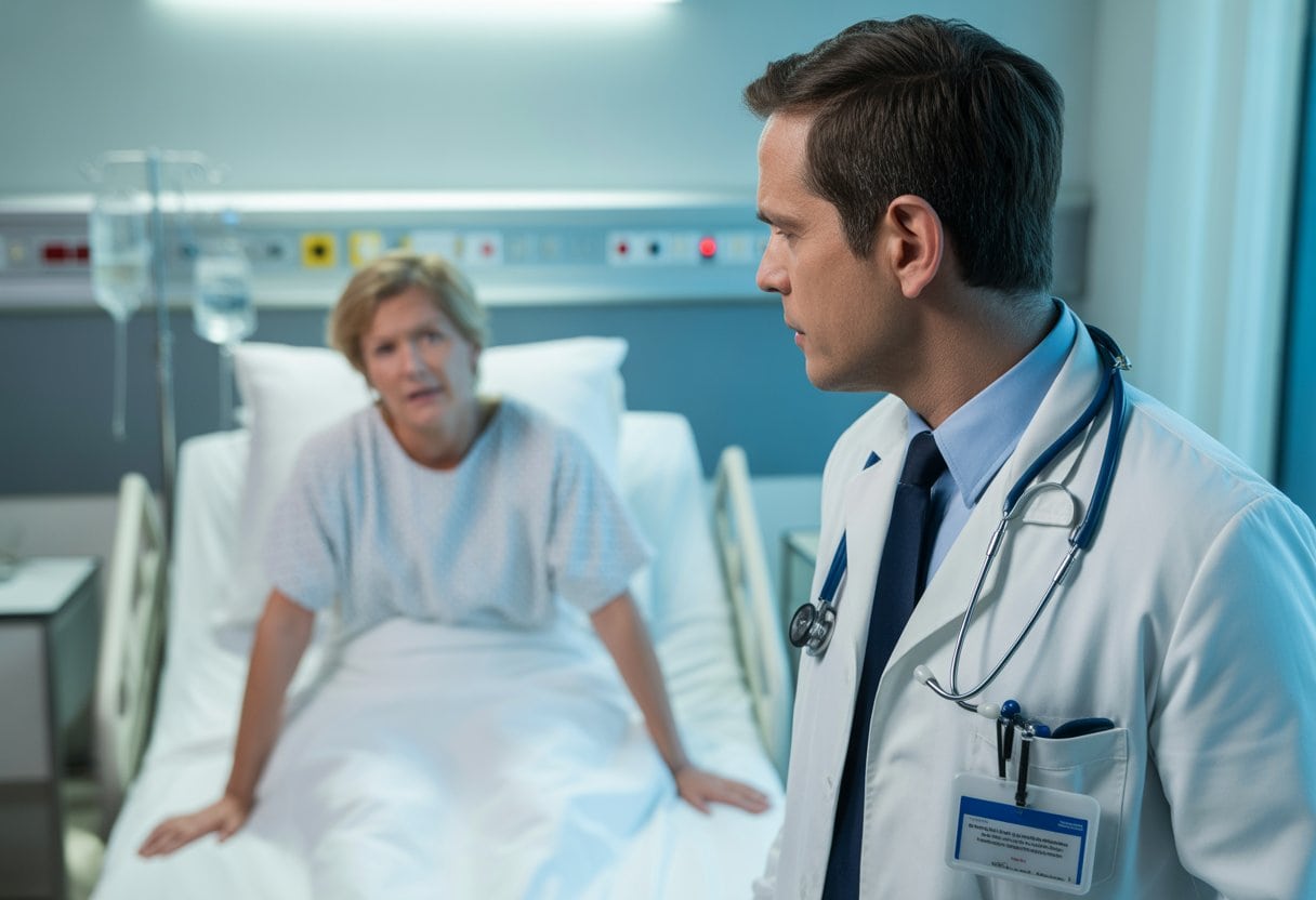 Warum deutsche Ärzte ihre Patienten im Stich lassen – Ursachen, Folgen und Hintergründe 2 Ein Arzt wendet sich von einem besorgten Patienten im Krankenhaus ab, der Patient sitzt auf einem Bett und sieht betroffen aus.