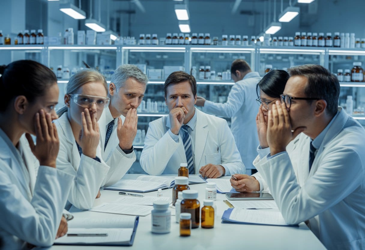 Eine Gruppe von Wissenschaftlern und Führungskräften in einem Labor diskutiert ernsthaft und geheimnisvoll über Medikamente.
