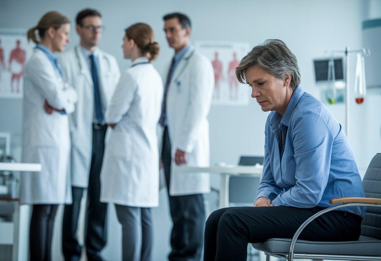 Warum deutsche Ärzte ihre Patienten im Stich lassen – Ursachen, Folgen und Hintergründe 3 Ein besorgter Patient sitzt allein in einer Arztpraxis, während mehrere Ärzte im Hintergrund sich abwenden und miteinander sprechen.