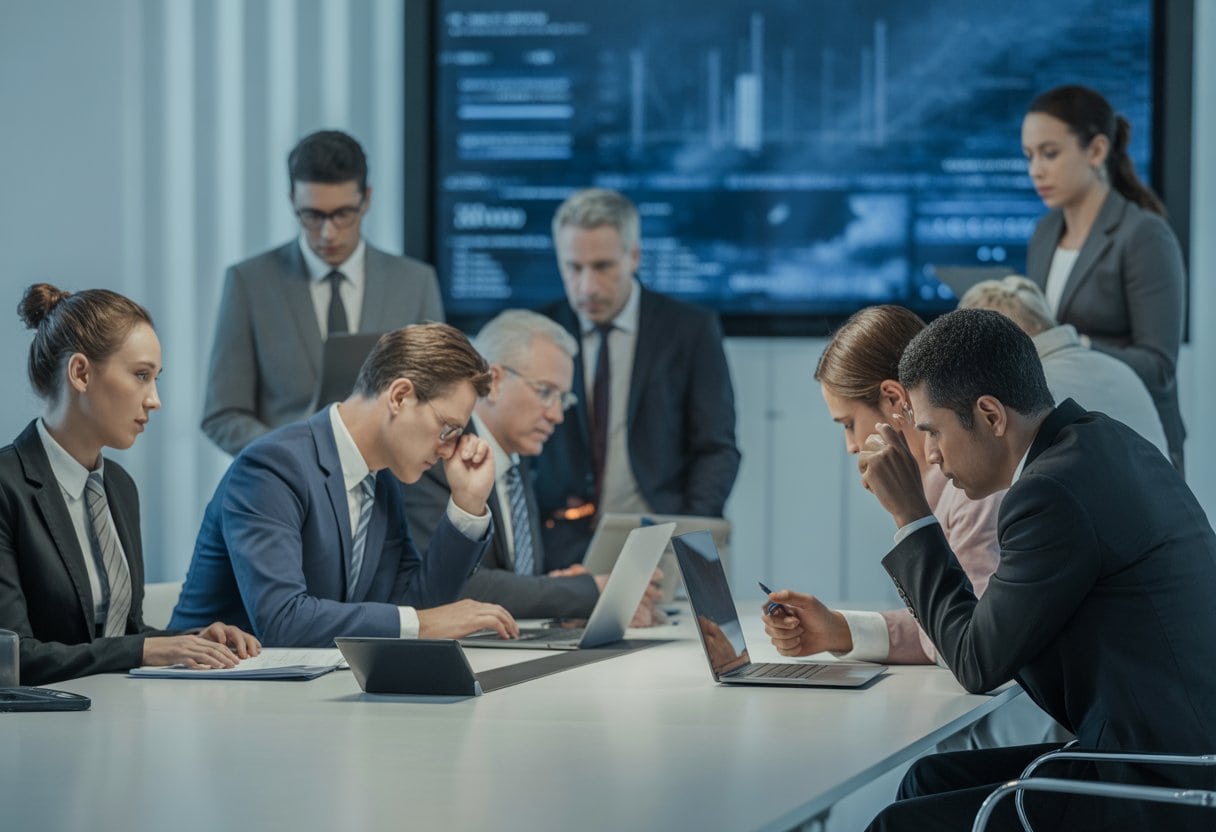 Geschäftsleute in einem modernen Büro diskutieren ernsthaft an einem Konferenztisch über wichtige Dokumente.