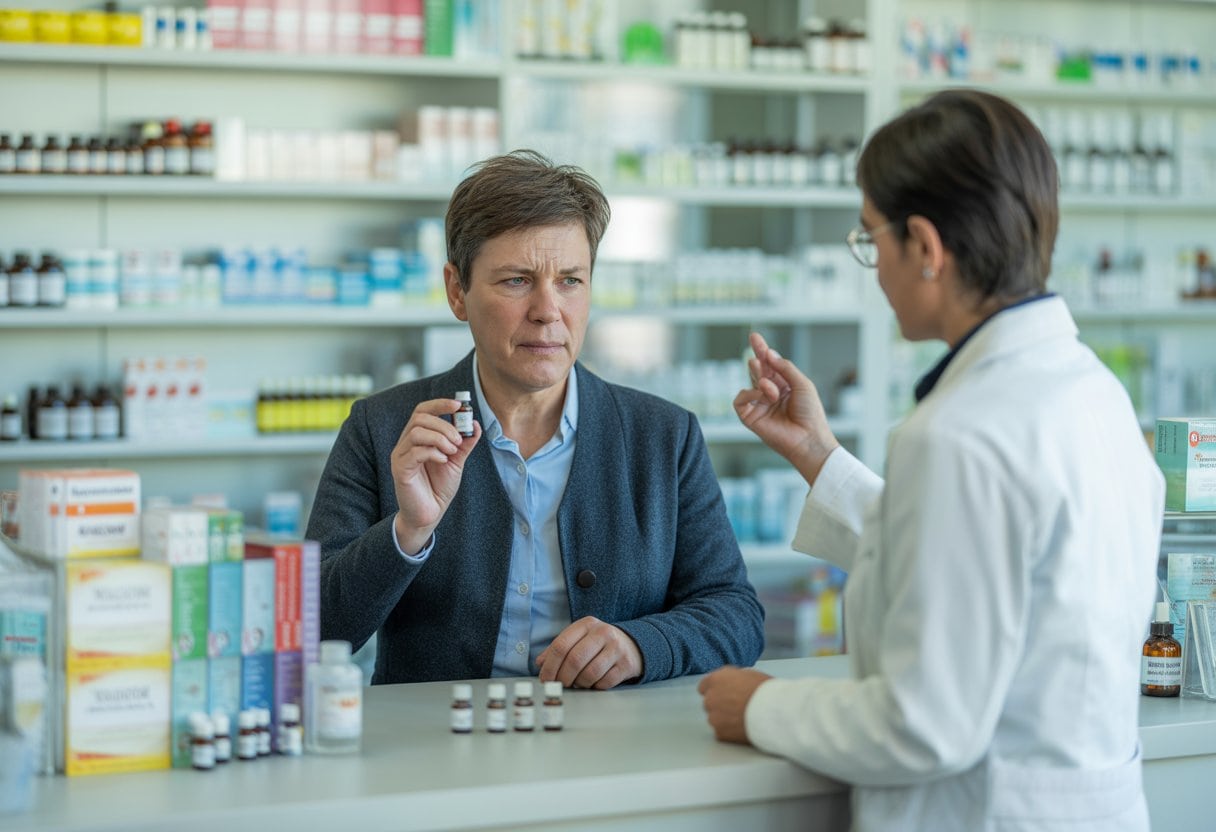 Kunde und Apothekerin im Gespräch an einer Apothekentheke mit Regalen voller homöopathischer Mittel im Hintergrund.