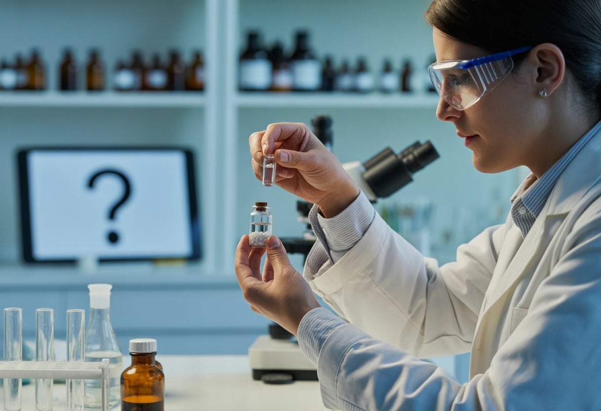 Ein Wissenschaftler in einem Labor untersucht kleine Glasfläschchen mit weißen Kügelchen, umgeben von Laborgeräten und Regalen mit Flaschen.