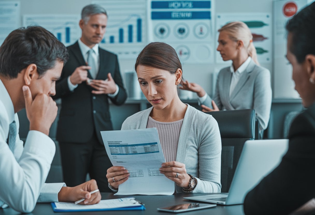 Wie die Krankenkassen uns systematisch abzocken – Strukturen, Methoden und Schäden 2 Eine Person überprüft besorgt medizinische Rechnungen an einem Schreibtisch, während im Hintergrund ein Versicherungsexperte mit nachdenklichem Blick zu sehen ist.