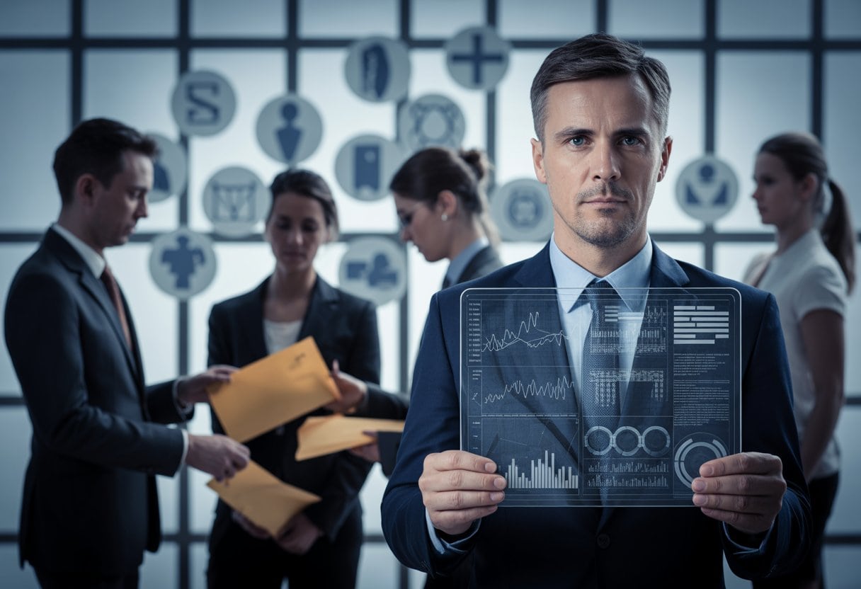 Wie die Krankenkassen uns systematisch abzocken – Strukturen, Methoden und Schäden 3 Eine Gruppe von Geschäftsleuten in einem Büro, die geheime Dokumente austauschen, mit medizinischen Symbolen im Hintergrund.