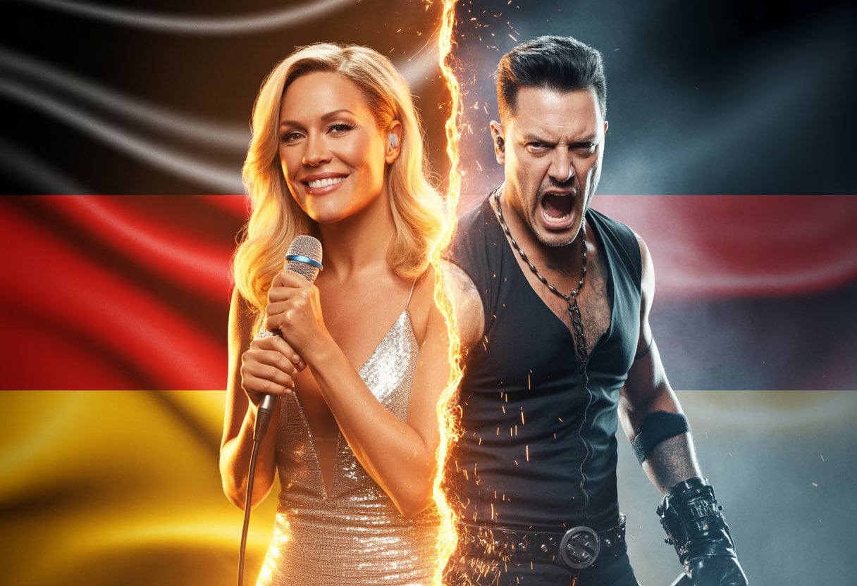 Eine Szene mit einer strahlenden weiblichen Sängerin auf der einen Seite und einem dunklen, intensiven Rockmusiker auf der anderen Seite, getrennt durch eine stilisierte deutsche Flagge im Hintergrund.