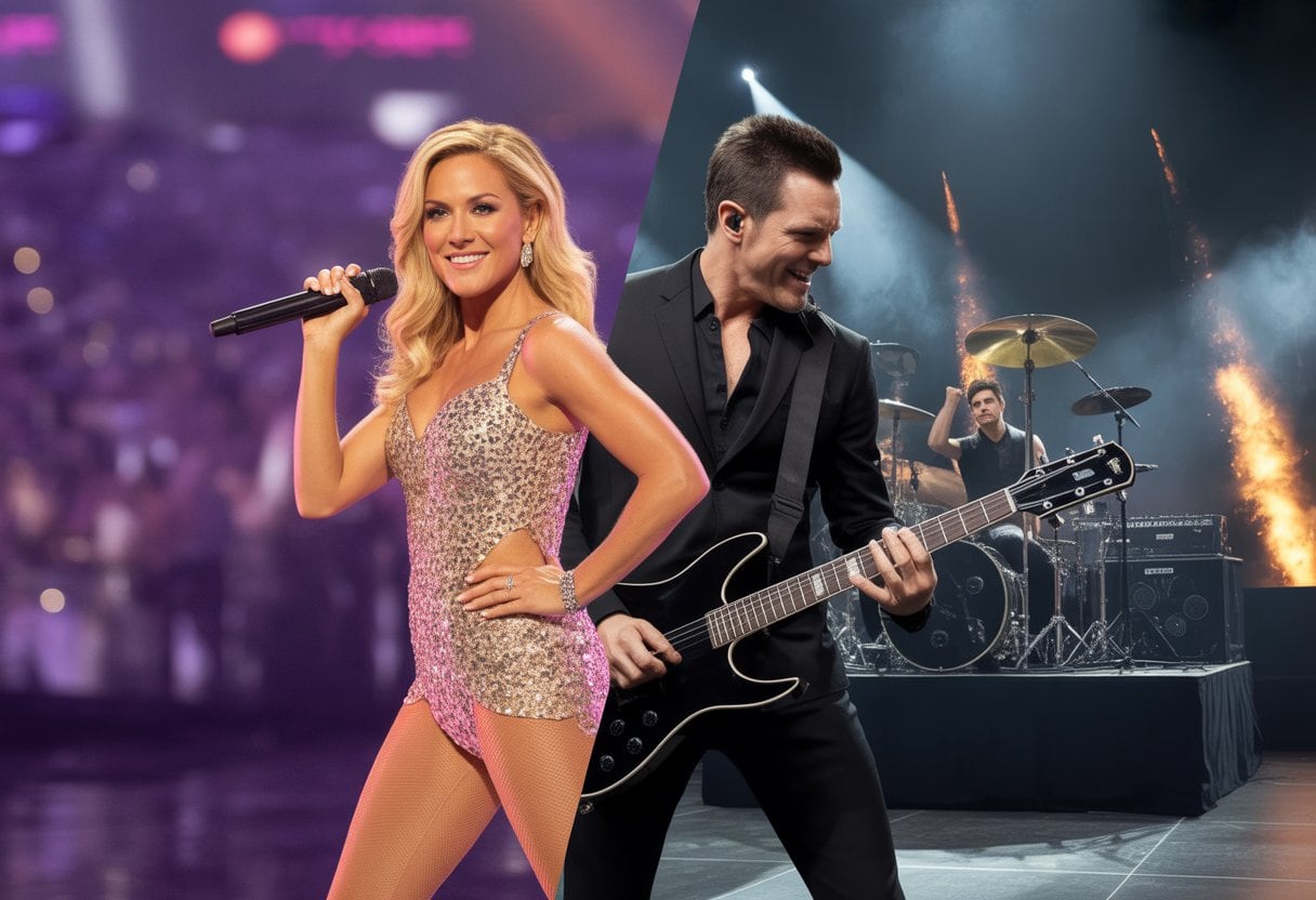 Zwei Musikergruppen auf einer Bühne, eine glamouröse Sängerin auf der linken Seite und eine kraftvolle Rockband auf der rechten Seite, die unterschiedliche Musikstile repräsentieren.