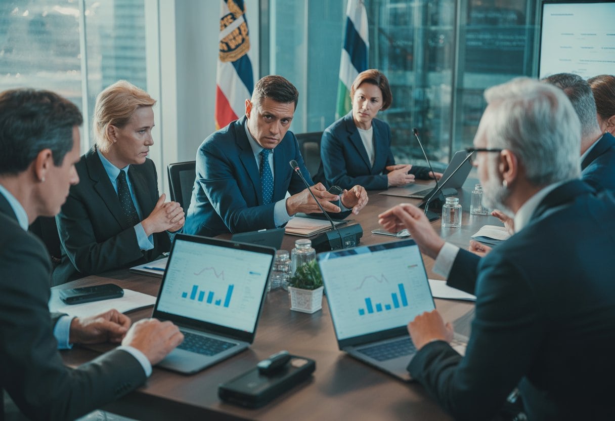 Politiker und Berater diskutieren ernsthaft um einen Konferenztisch in einem Regierungsbüro.