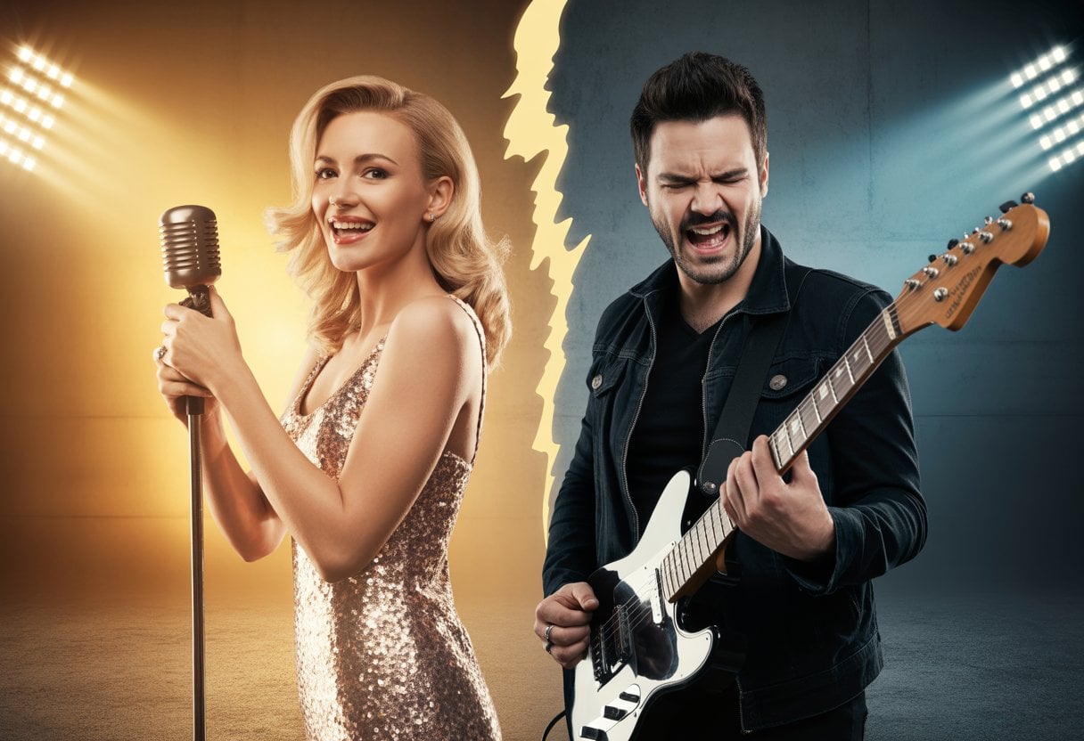 Eine Frau in einem glitzernden Kleid mit Mikrofon steht links, ein Mann in dunkler Kleidung mit E-Gitarre rechts, vor einem geteilten Hintergrund aus warmen und kalten Farben.