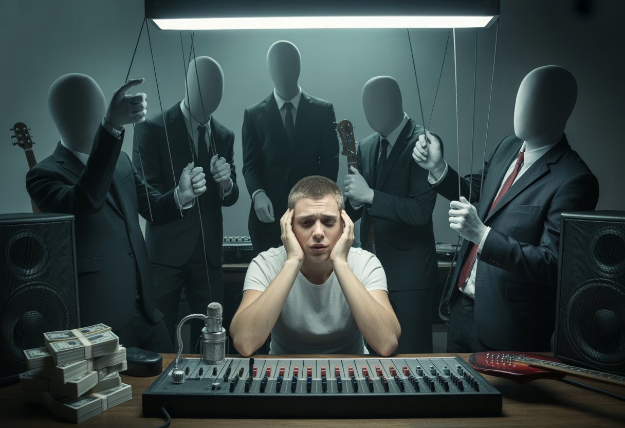 Ein junger Musiker sitzt besorgt in einem Tonstudio, umgeben von dunklen, unscharfen Figuren in Anzügen, die ihn mit Marionettenfäden kontrollieren.