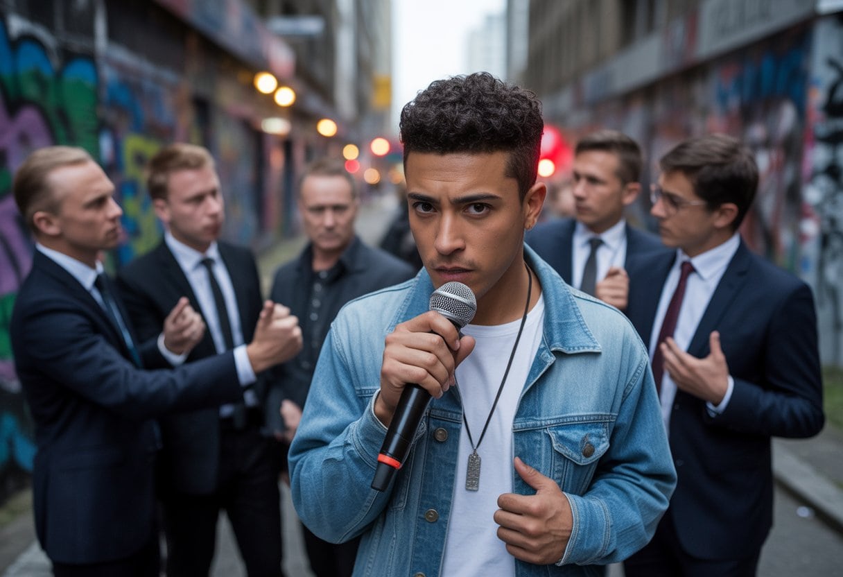 Ein junger Rapper steht mit Mikrofon in der Hand auf einer städtischen Straße, im Hintergrund diskutieren Politiker in Anzügen.