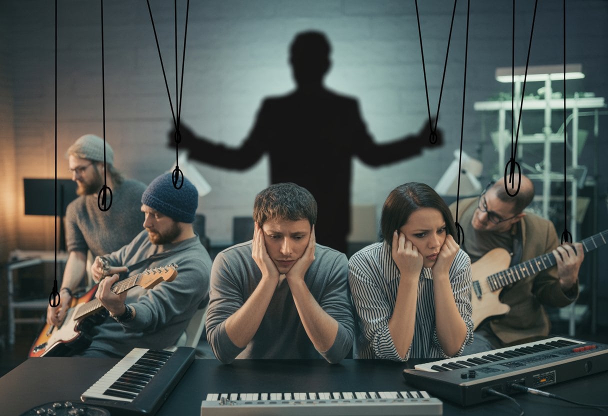 Mehrere Musiker in einem Studio wirken besorgt und frustriert, während im Hintergrund eine undurchsichtige Geschäftsperson die Szene dominiert.