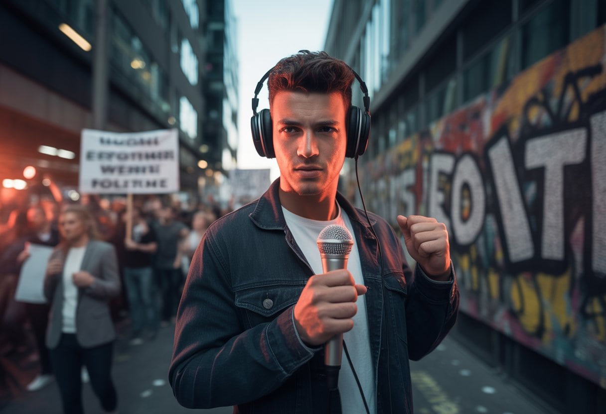Ein junger Mann mit Kopfhörern und Mikrofon steht vor einer mit Graffiti bedeckten Wand, im Hintergrund sind verschwommene Menschen bei einer politischen Kundgebung zu sehen.