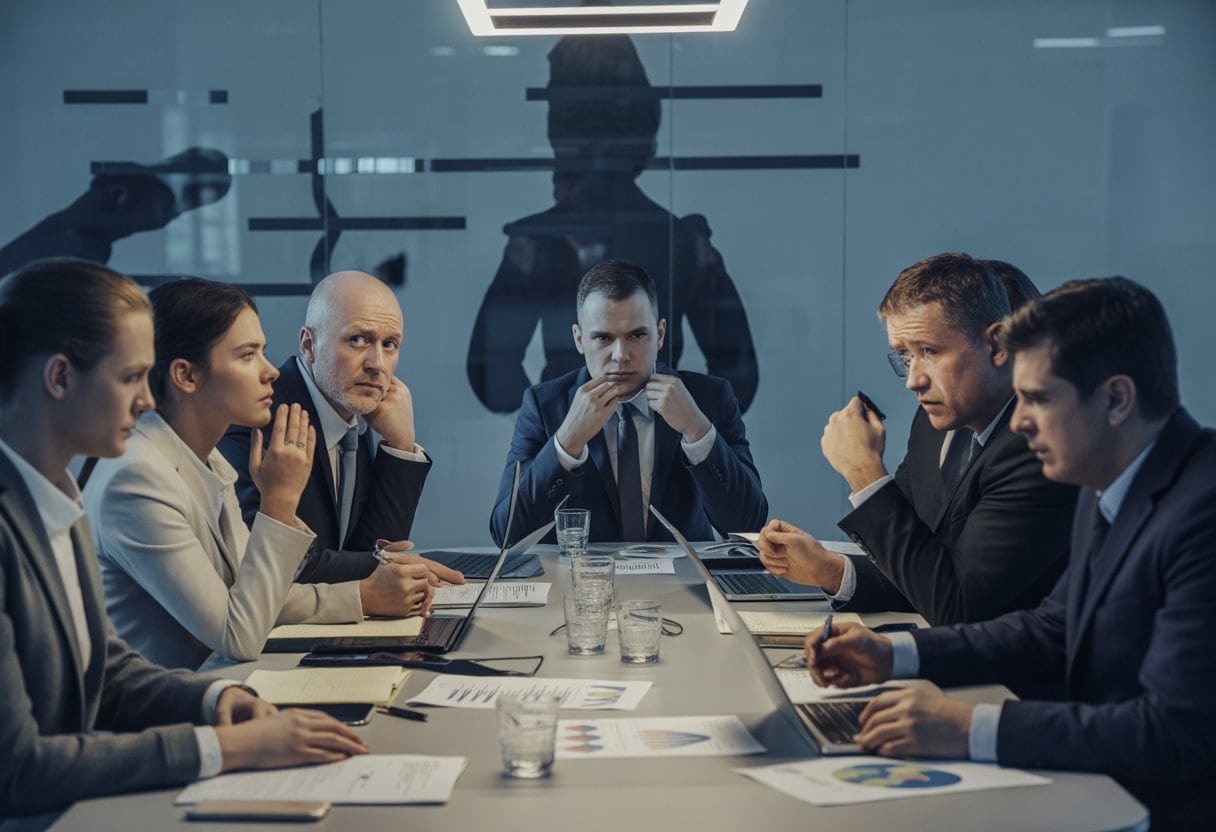 Geschäftsleute sitzen an einem Konferenztisch und diskutieren ernsthaft in einem modernen Büro.