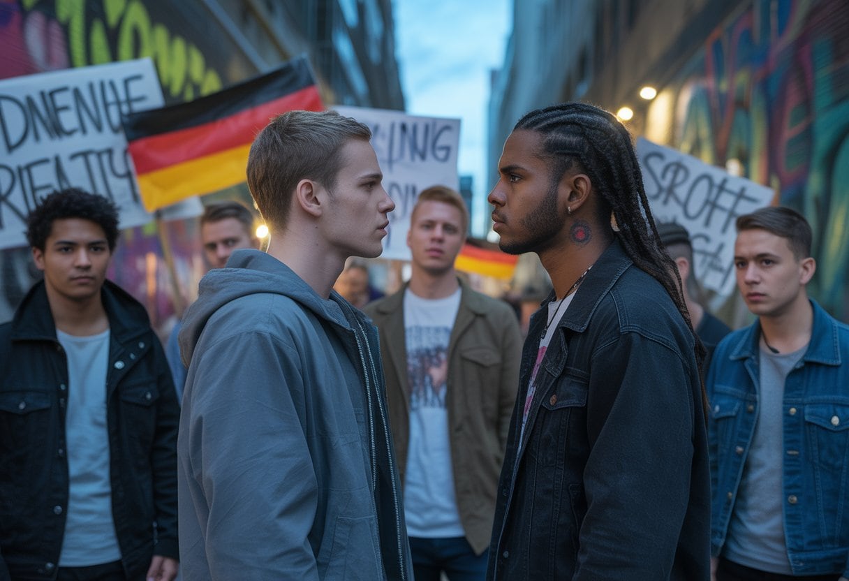 Zwei junge Menschen stehen sich in einer urbanen Umgebung mit Graffiti und Straßenlaternen gegenüber und wirken angespannt.