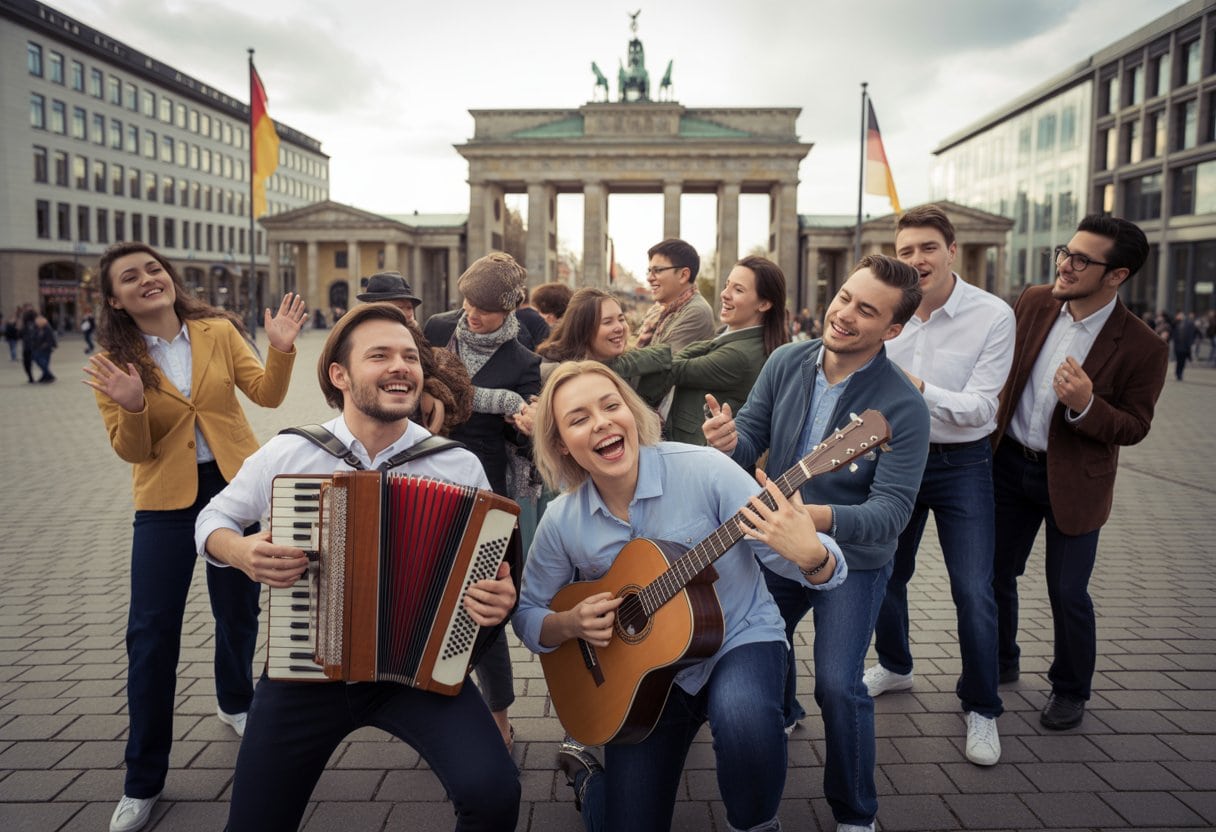 Eine Gruppe von Menschen unterschiedlicher Altersgruppen versammelt sich vor einem bekannten deutschen Wahrzeichen, einige musizieren und andere tanzen, um Schlagermusik zu feiern.