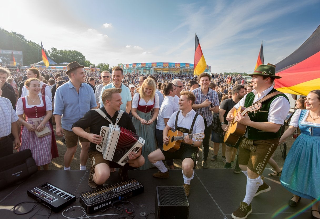 Menschen unterschiedlicher Altersgruppen bei einem Open-Air-Musikfestival in Deutschland, eine Band spielt Schlagermusik, einige tragen traditionelle bayerische Kleidung.