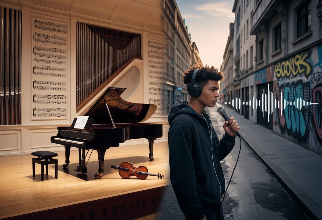 Ein Bild, das links einen klassischen Konzertsaal mit einem Flügel und einer Violine zeigt und rechts eine urbane Straßenszene mit einem jungen Mann in moderner Kleidung, der ein Mikrofon hält.