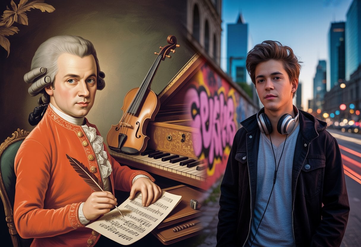 Ein Bild zeigt Wolfgang Amadeus Mozart in klassischer Kleidung neben einem jungen Rapper in moderner Straßenkleidung vor einer urbanen Graffiti-Wand.