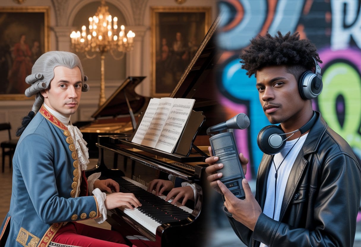 Zwei Männer stehen nebeneinander: links ein klassischer Komponist am Klavier, rechts ein moderner Rapper mit Mikrofon vor einer Graffiti-Wand.