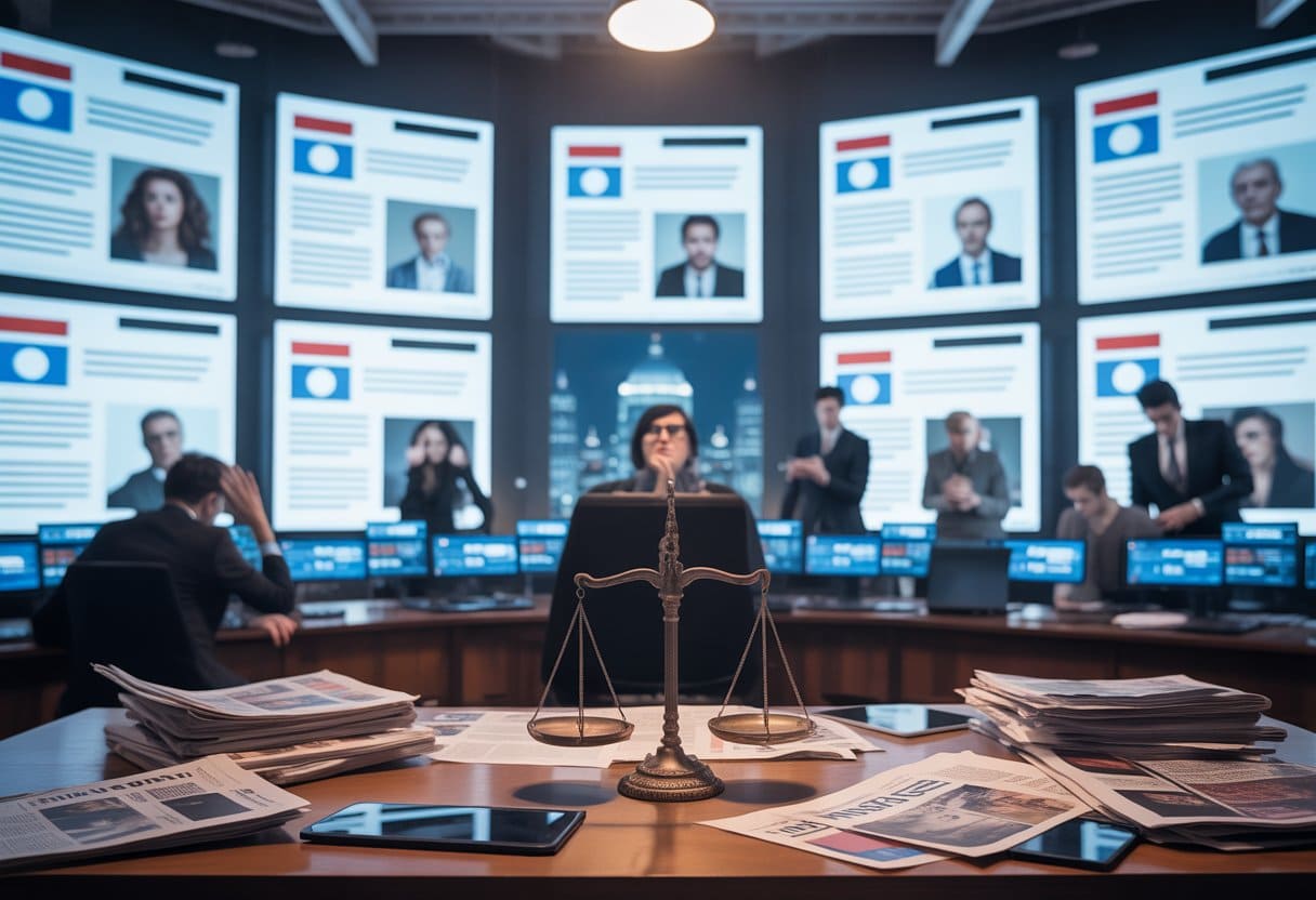 Ein moderner Nachrichtenraum mit gestressten Journalisten, zerbrochener Waage auf einem Schreibtisch und verschwommenem Parlamentsgebäude im Hintergrund.