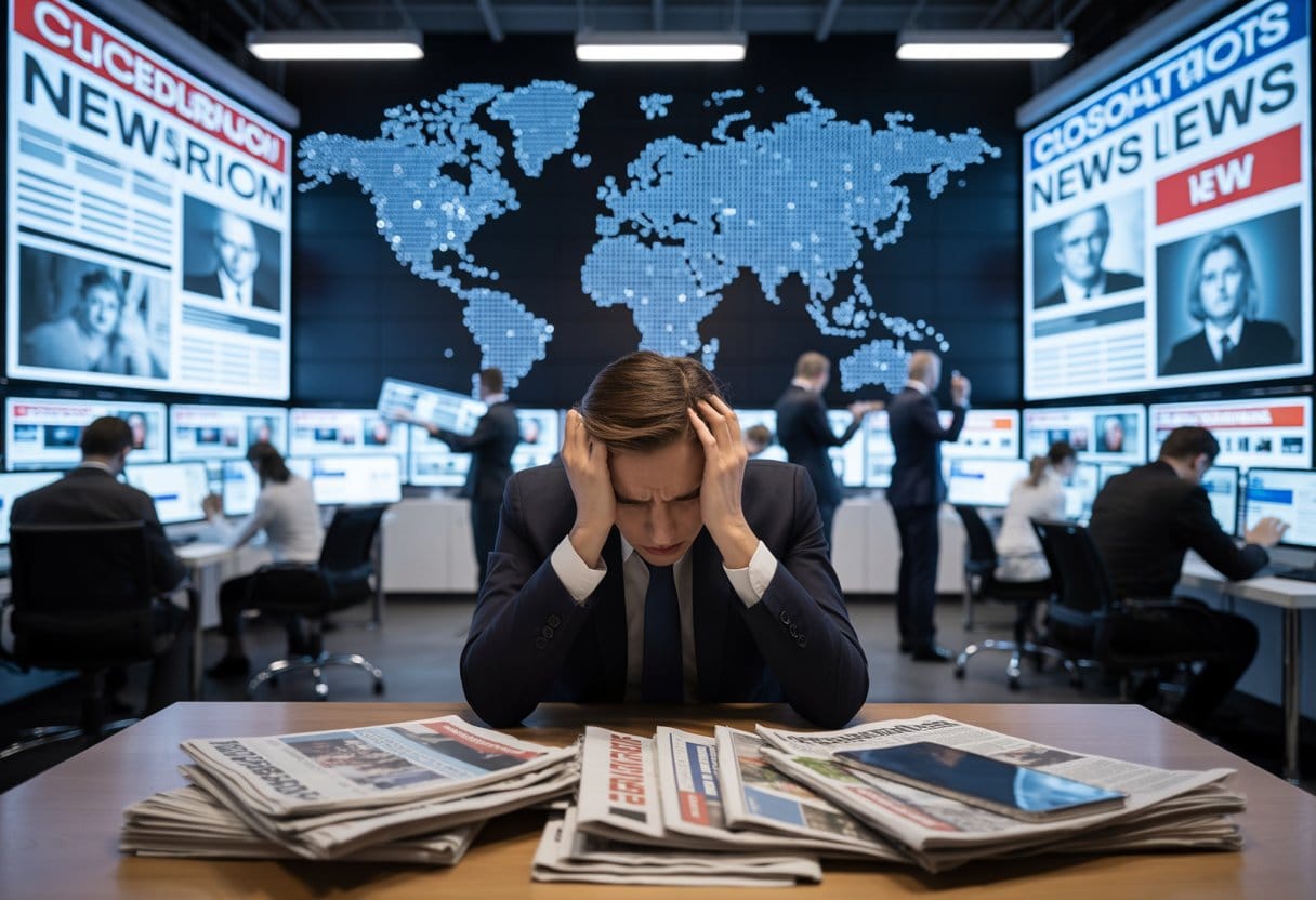 Ein hektischer Nachrichtenraum mit Journalisten, die an Computern arbeiten, während ein frustrierter Redakteur seinen Kopf hält, umgeben von Zeitungen und Bildschirmen mit auffälligen Nachrichten.