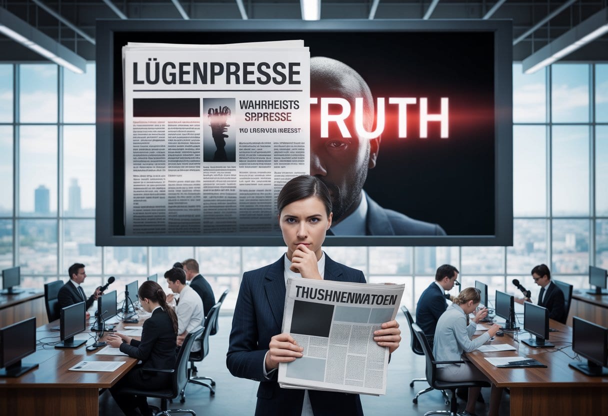 Journalisten in einem modernen Nachrichtenbüro, die über Medienvertrauen und Informationsunsicherheit nachdenken.