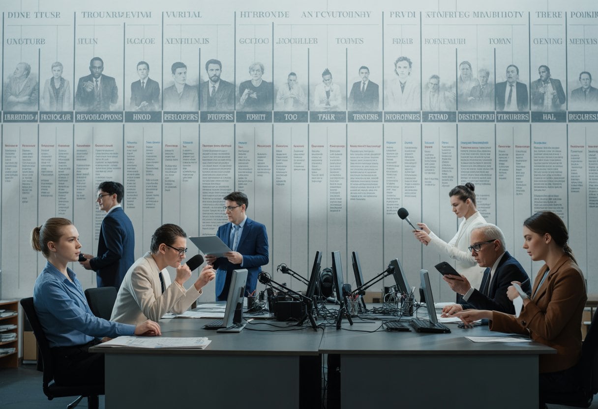 Journalisten arbeiten in einem modernen Nachrichtenbüro vor einer Wand mit einer Zeitleiste historischer Ereignisse.