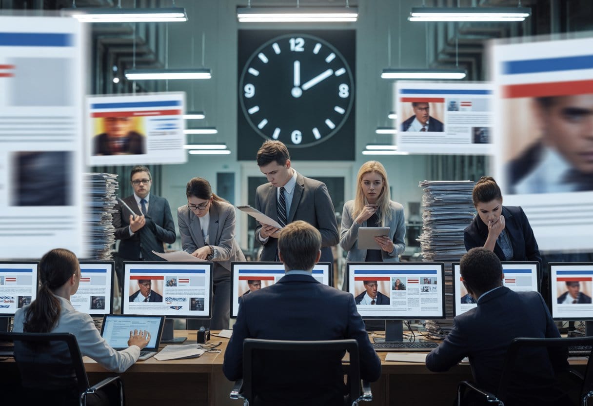 Eine moderne Redaktion mit gestressten Journalisten vor mehreren Bildschirmen und Papieren, die hektisch arbeiten.