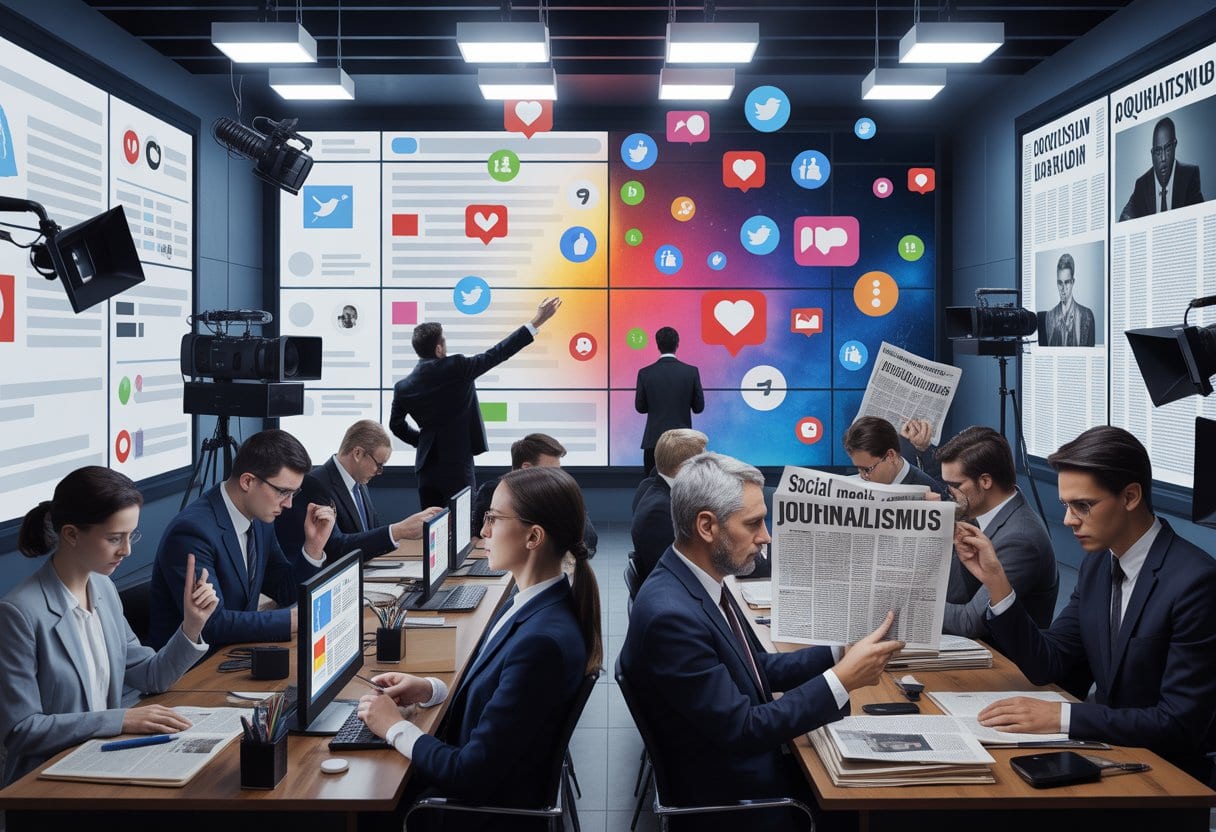 Eine moderne Nachrichtenredaktion mit Journalisten, die zwischen Social-Media-Symbolen und traditionellen Recherchematerialien arbeiten.