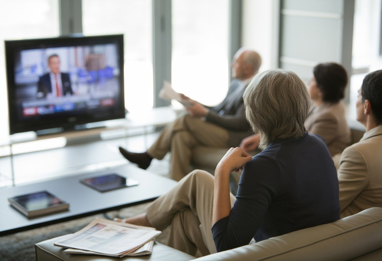 Mehrere Personen sitzen in einem Wohnzimmer und schauen aufmerksam fern.