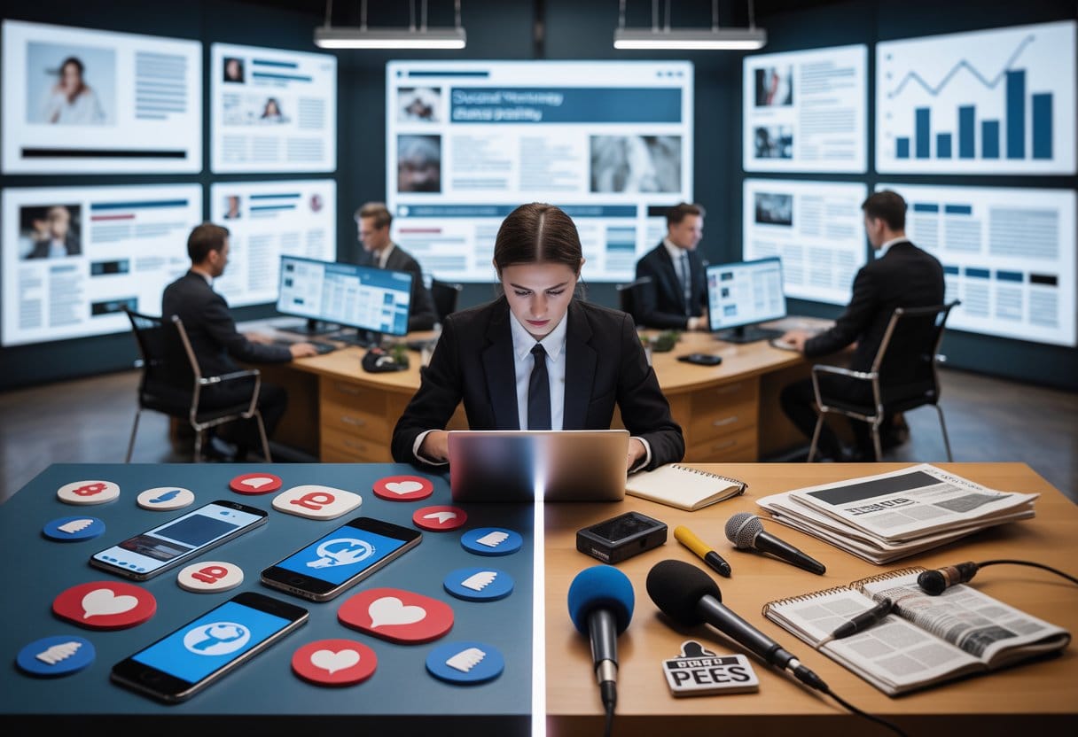 Ein moderner Nachrichtenraum mit Journalisten, die an Computern arbeiten, umgeben von Bildschirmen mit Social-Media-Symbolen und traditionellen journalistischen Werkzeugen.