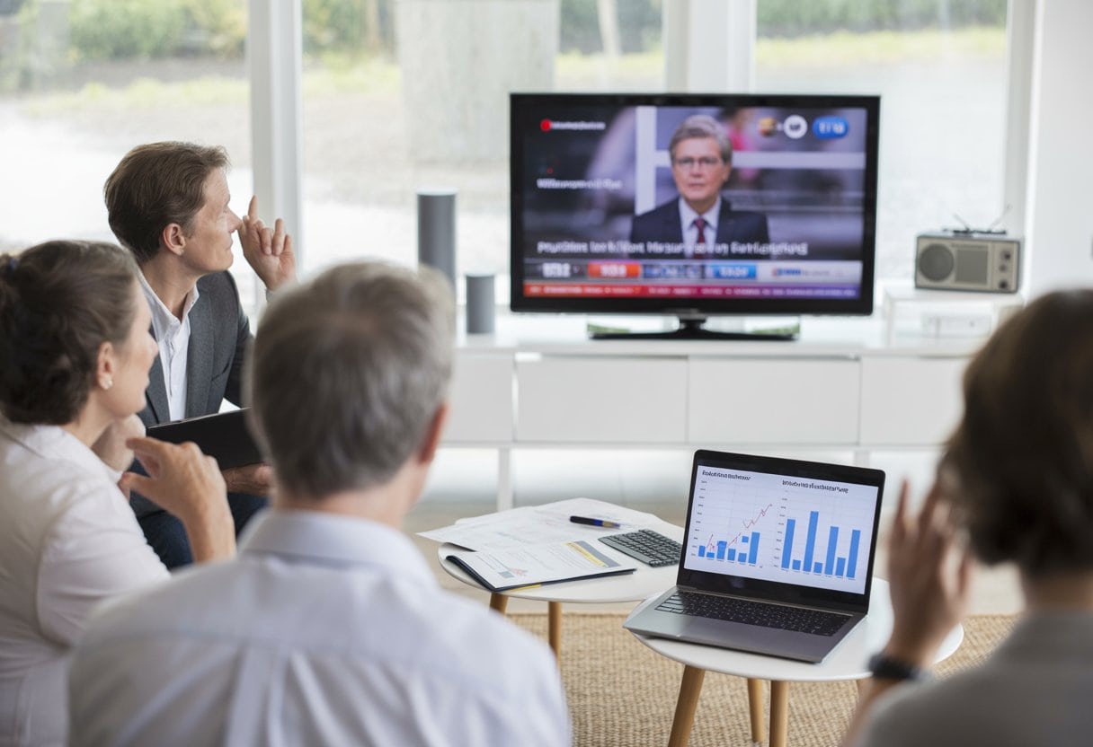 Menschen sitzen in einem Wohnzimmer und schauen aufmerksam fern, auf einem Tisch liegen Dokumente und ein Laptop mit Diagrammen.