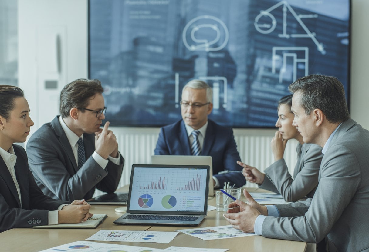 Mehrere Personen in einem Büro diskutieren ernsthaft über Finanz- und Politikthemen am Konferenztisch.
