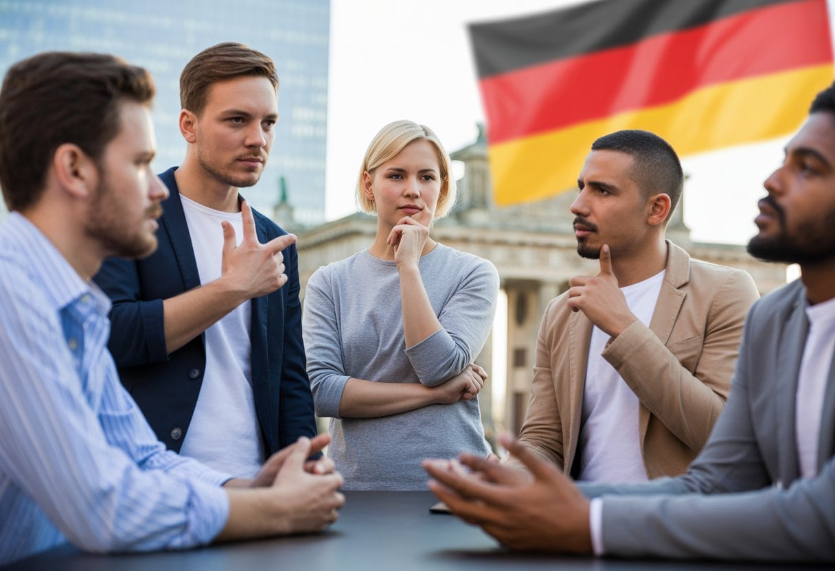 Meinungsfreiheit in Deutschland: Schein oder Sein? Eine Analyse 1 Eine Gruppe von Menschen diskutiert ernsthaft in einer modernen Stadtumgebung, im Hintergrund ist die Silhouette des Brandenburger Tors zu sehen.