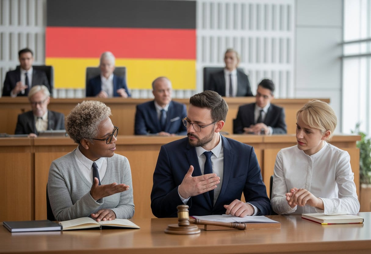 Meinungsfreiheit in Deutschland: Schein oder Sein? Eine Analyse 2 Menschen verschiedener Herkunft diskutieren respektvoll in einem modernen deutschen Gerichtssaal mit deutschen Flaggen im Hintergrund.