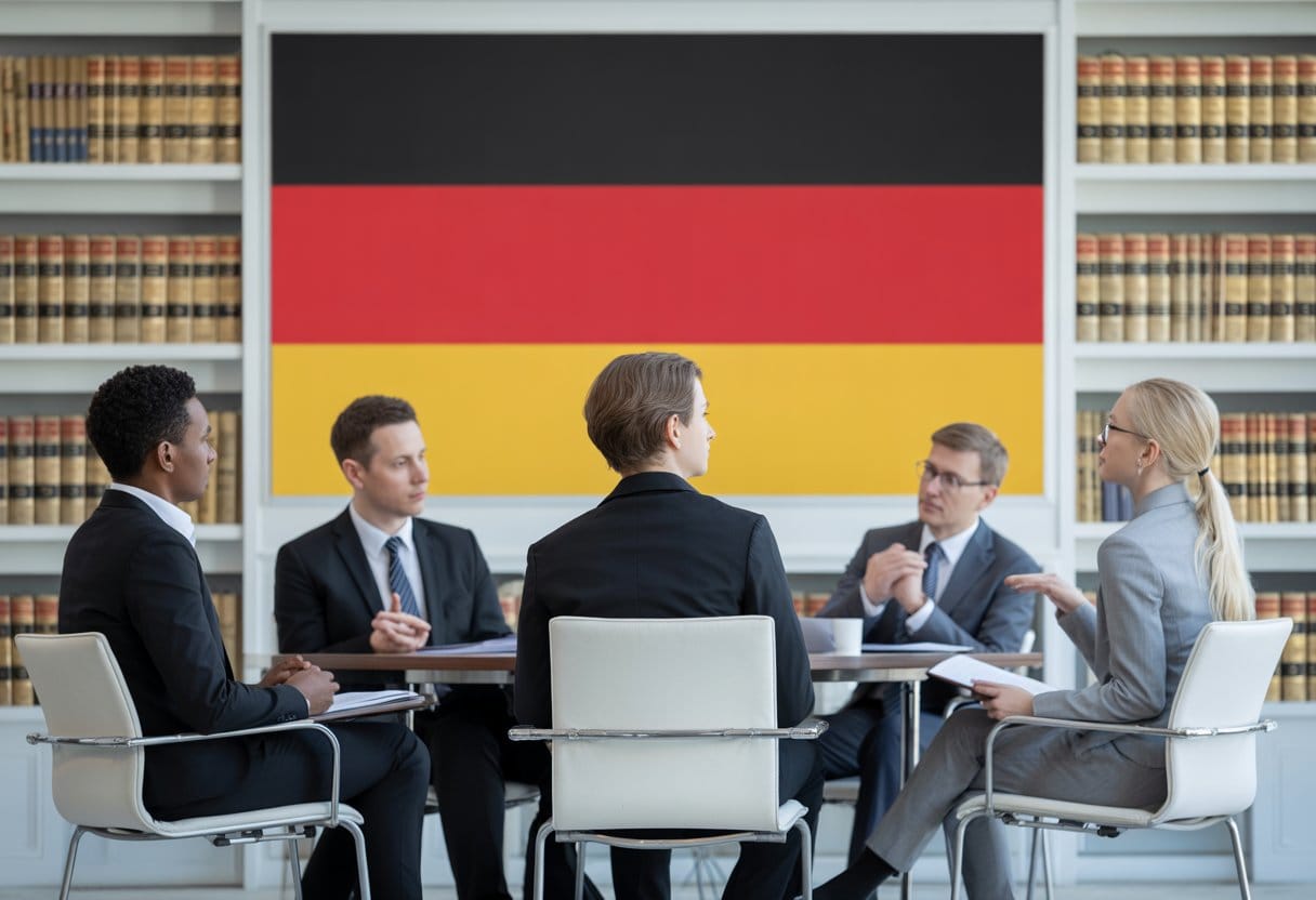 Meinungsfreiheit in Deutschland: Schein oder Sein? Eine Analyse 3 Eine Gruppe von Menschen diskutiert ernsthaft in einem modernen Besprechungsraum mit deutschen Rechtsbüchern und einer dezenten deutschen Flagge im Hintergrund.