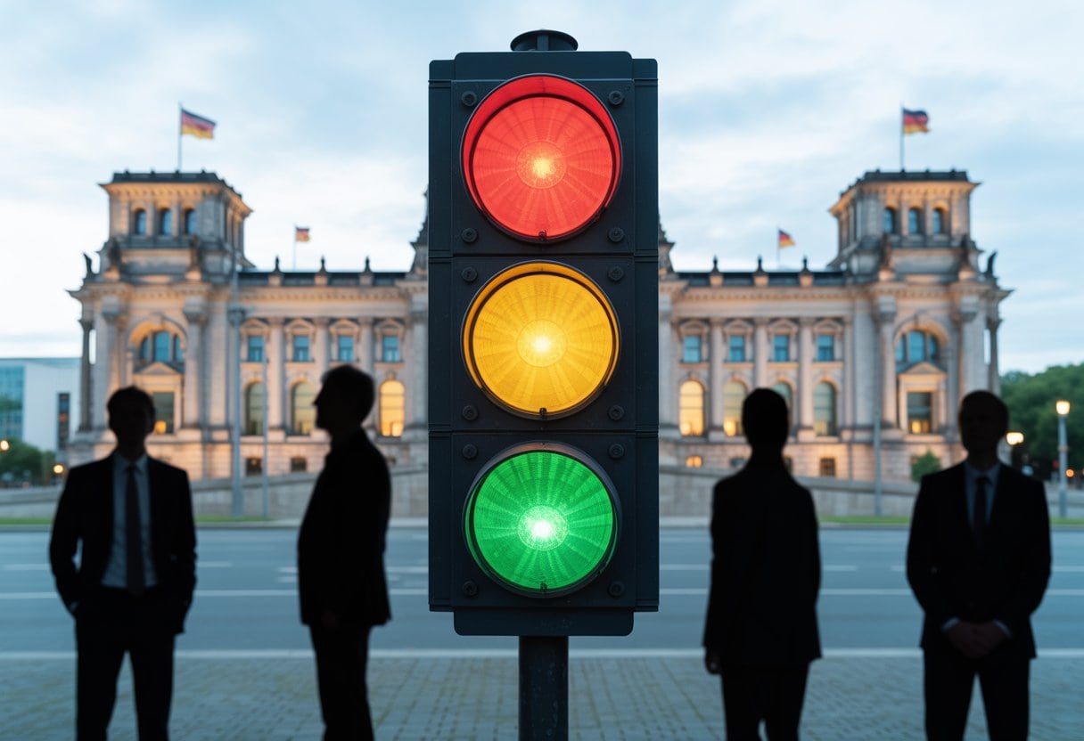 Drei beleuchtete Ampeln vor dem Reichstagsgebäude in Berlin bei Dämmerung, mit Schatten von drei Personen im Vordergrund.