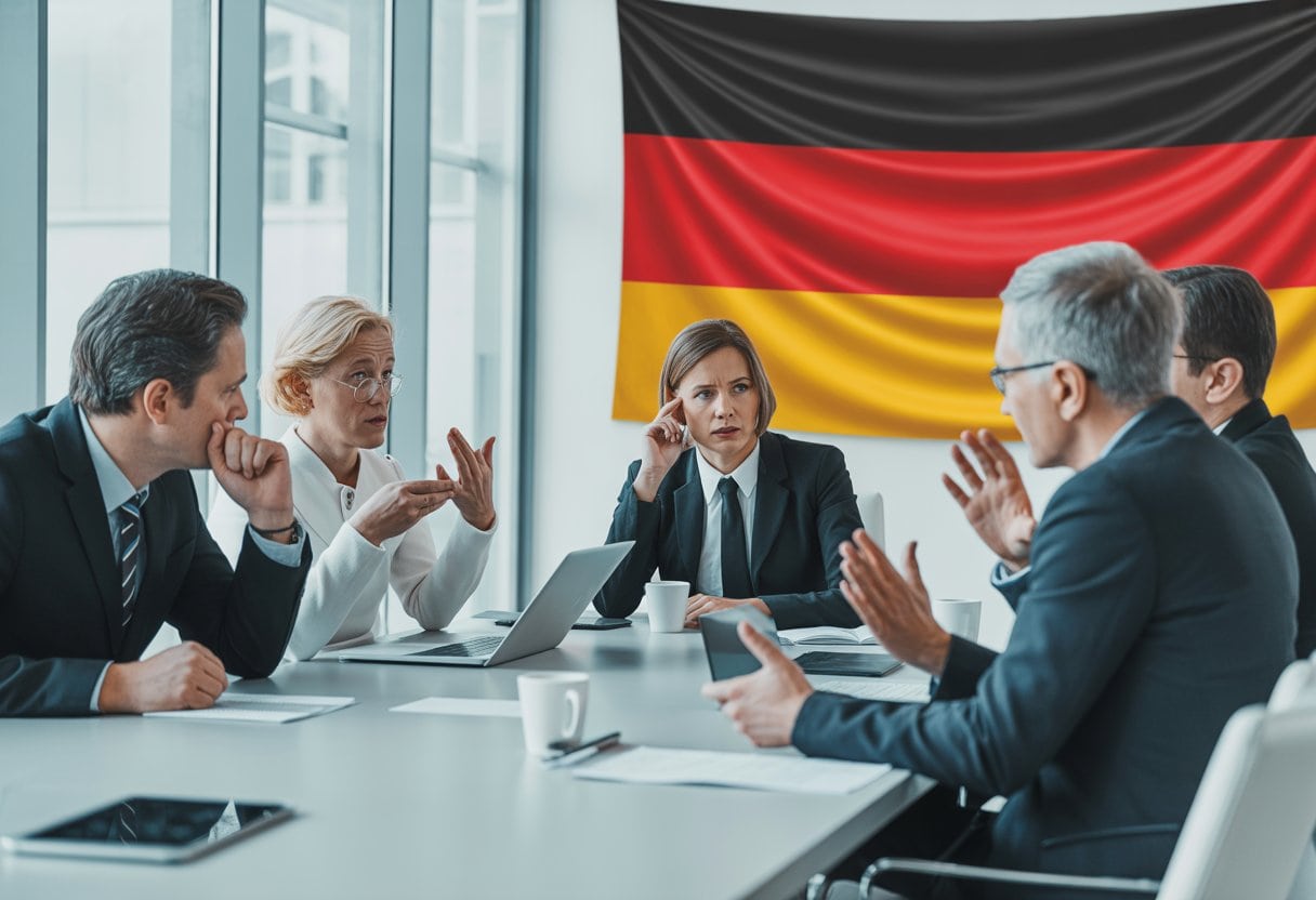 AfD-Erfolg: Symptom oder Ursache der Krise? Ursachen, Folgen und Perspektiven 1 Mehrere Menschen sitzen an einem Konferenztisch und diskutieren ernsthaft, im Hintergrund ist eine deutsche Flagge zu sehen.