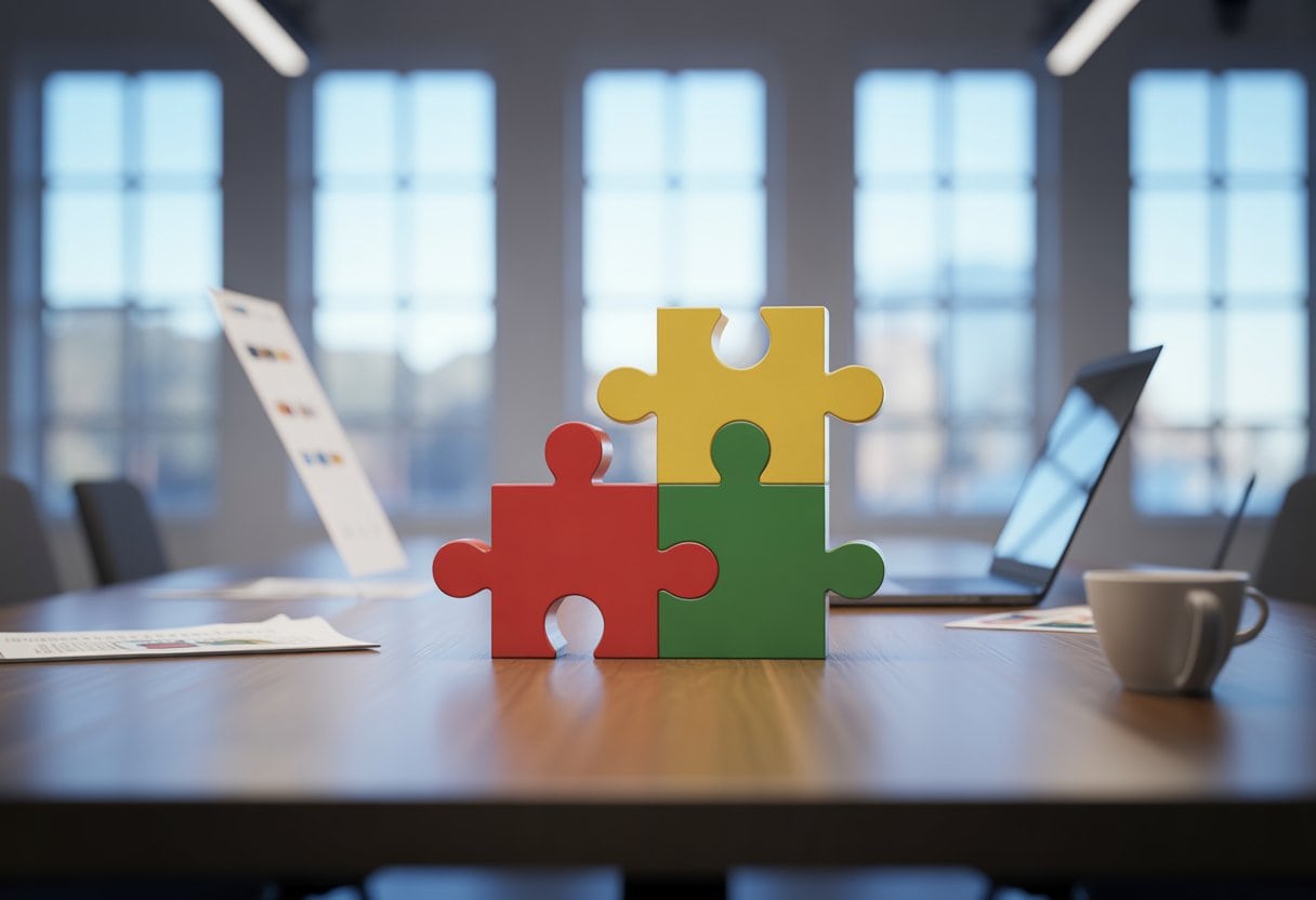 Drei ineinandergreifende Puzzleteile in Rot, Gelb und Grün auf einem Holztisch in einem modernen Büro.