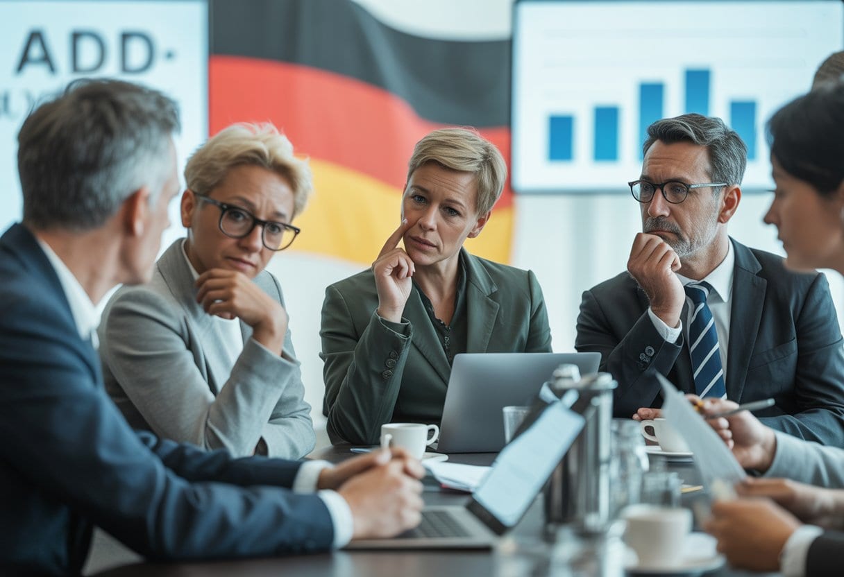 AfD-Erfolg: Symptom oder Ursache der Krise? Ursachen, Folgen und Perspektiven 2 Menschen in einem Besprechungsraum diskutieren ernsthaft über politische Themen.