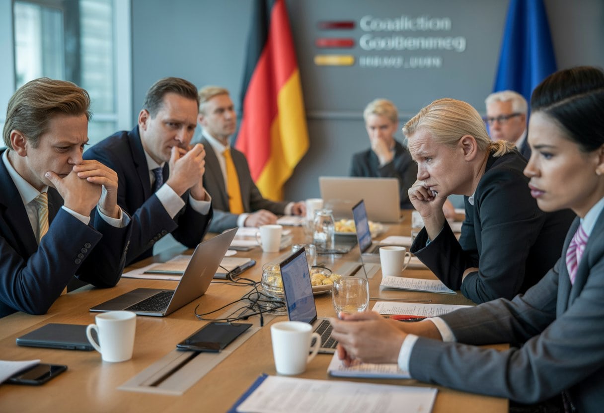 Politiker in einem Besprechungsraum sitzen an einem Tisch und diskutieren angespannt.