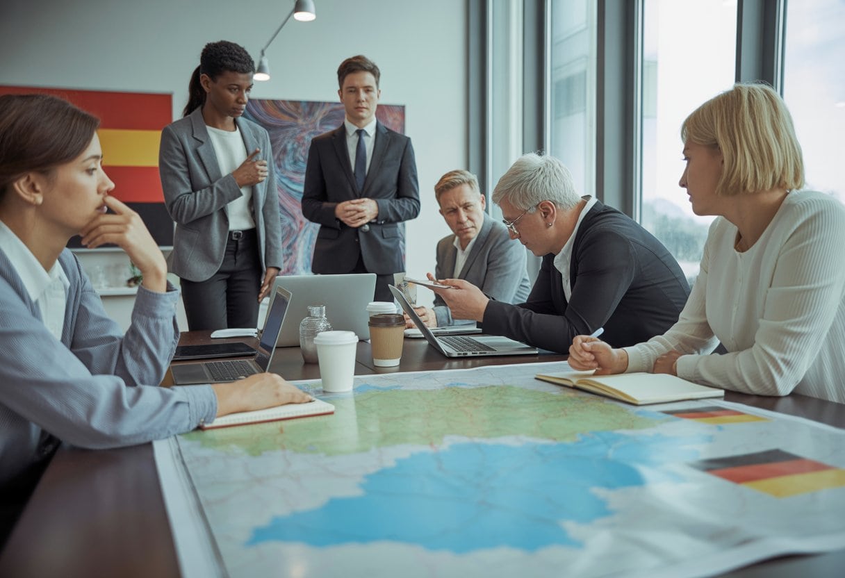 AfD-Erfolg: Symptom oder Ursache der Krise? Ursachen, Folgen und Perspektiven 3 Menschen diskutieren konzentriert um einen Tisch mit Karten und Diagrammen in einem hellen Konferenzraum.