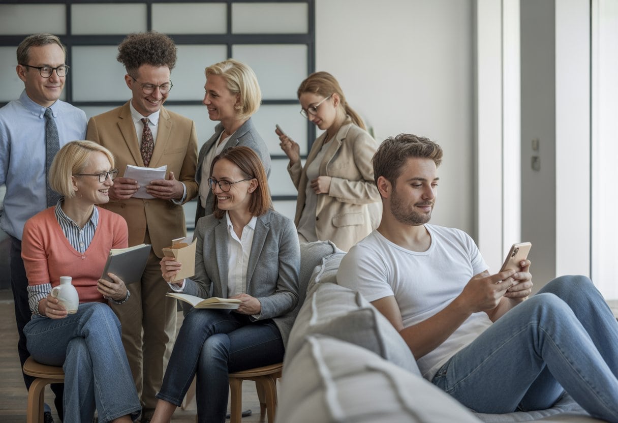 Bürgergeld: Sozialstaat oder Faulheits-Prämie? Analyse, Fakten & Debatte 1 Menschen unterschiedlicher Altersgruppen und Hintergründe in einer modernen Stadt, die einerseits bei der Arbeit und Weiterbildung aktiv sind und andererseits eine Person entspannt zu Hause sitzt.