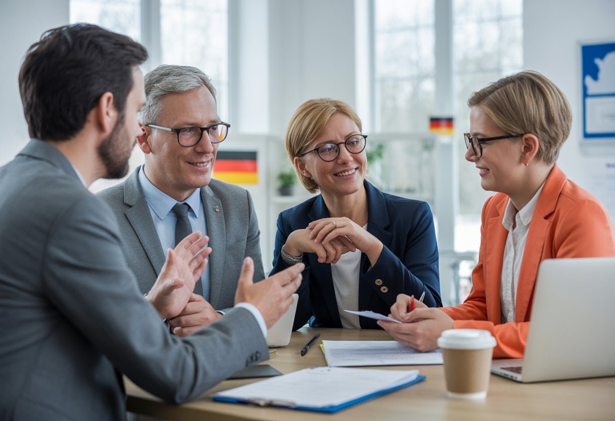 Bürgergeld: Sozialstaat oder Faulheits-Prämie? Analyse, Fakten & Debatte 2 Drei Personen unterhalten sich freundlich in einem modernen Büro mit Dokumenten und Laptop auf dem Tisch.