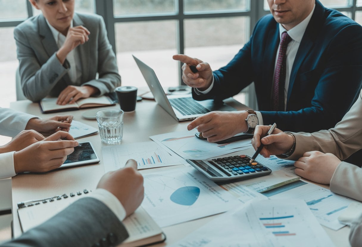 Bürgergeld: Sozialstaat oder Faulheits-Prämie? Analyse, Fakten & Debatte 3 Menschen in einem Büro besprechen Finanzunterlagen und berechnen Kosten an einem Tisch.