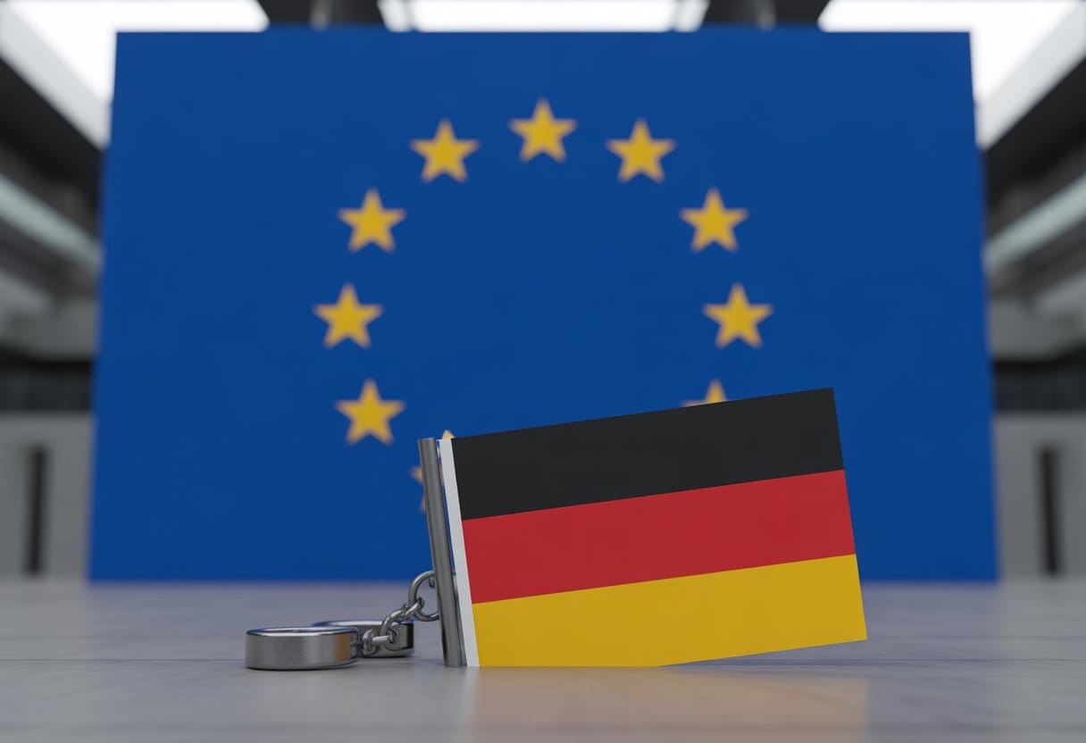 EU-Diktatur: Wie Brüssel Deutschland entmündigt – Strukturen, Kritik und Folgen 1 Eine Szene mit einer großen EU-Flagge im Hintergrund und einer teilweise verdeckten deutschen Flagge im Vordergrund in einem modernen Regierungsgebäude.