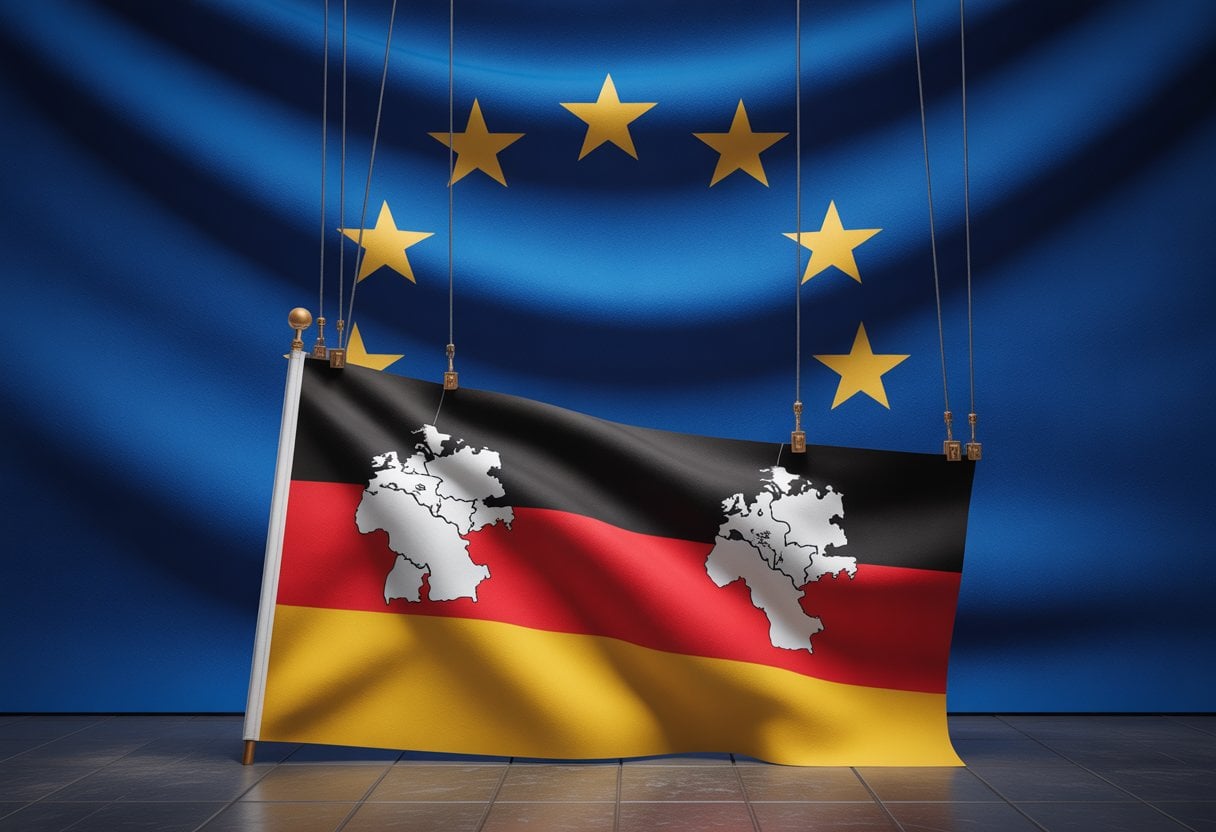 EU-Diktatur: Wie Brüssel Deutschland entmündigt – Strukturen, Kritik und Folgen 2 Die Europaflagge im Hintergrund, davor die deutsche Flagge, die von symbolischen Fäden kontrolliert wird.