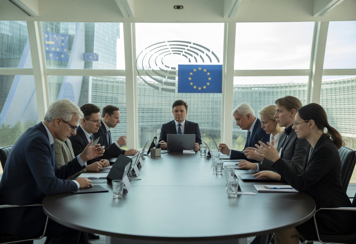 EU-Diktatur: Wie Brüssel Deutschland entmündigt – Strukturen, Kritik und Folgen 3 Politiker und Beamte diskutieren in einem modernen Konferenzraum mit Blick auf das Europaparlament in Brüssel.