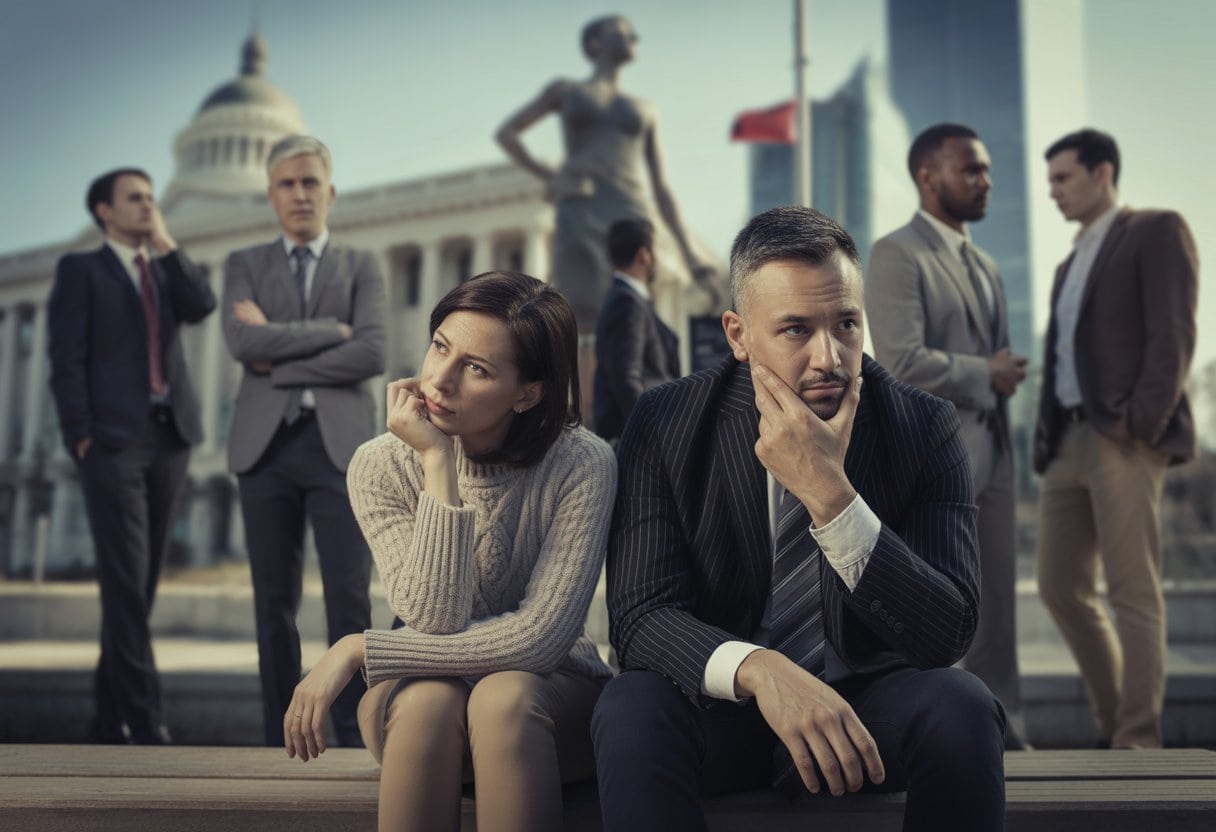 Mehrere Menschen sitzen nachdenklich in einer Stadt, einige wirken besorgt, andere desinteressiert, im Hintergrund sind Regierungsgebäude zu sehen.